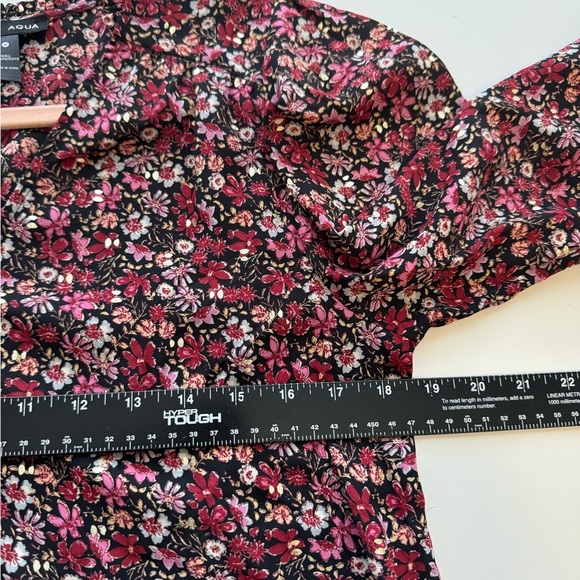 Aqua Floral Smocked Sleeve Top V- Neck Long Sleeve Pullover Small - Picture 7 of 10